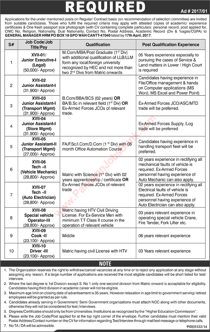 PO Box 18 GPO Wah Cantt Jobs 2017 April NESCOM / AWC / AERO Junior Assistants & Others Latest