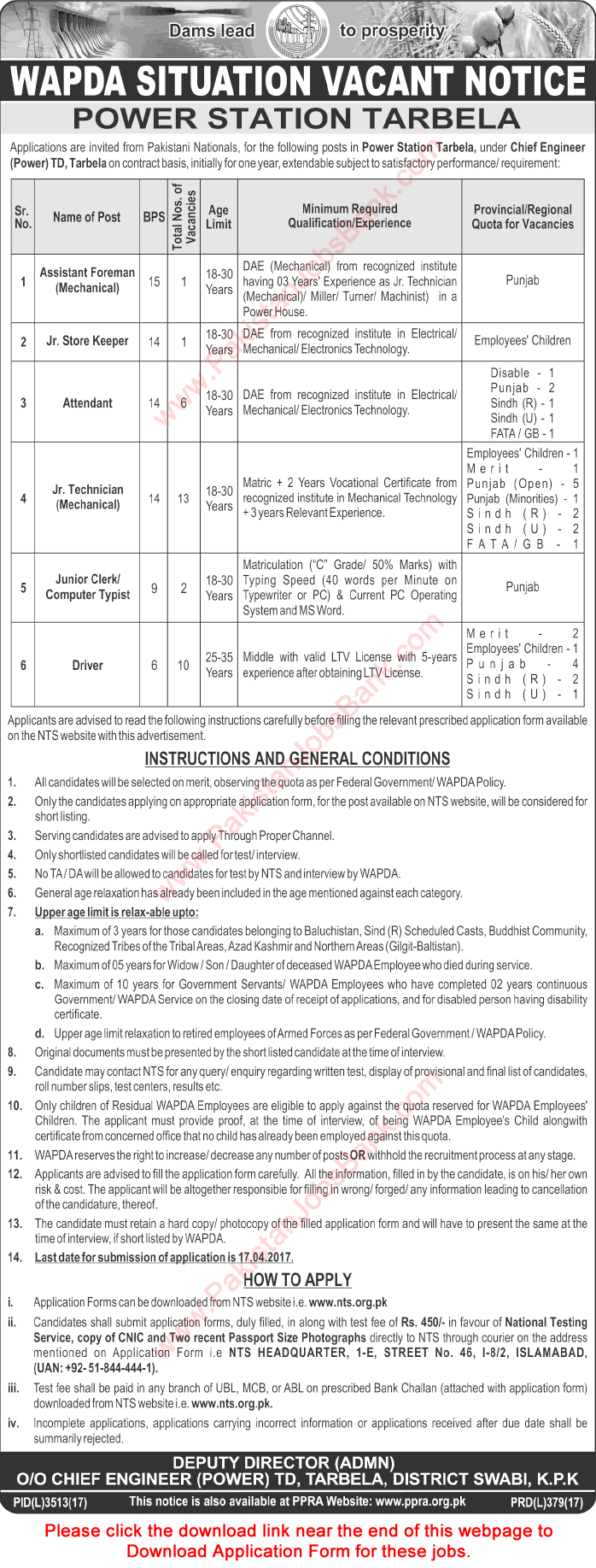 WAPDA Jobs 2017 April Tarbela NTS Application Form Technicians, Attendants, Drivers & Others Latest