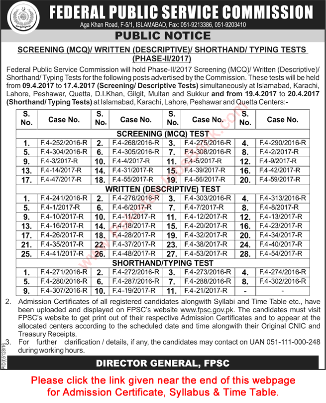 FPSC Written / Shorthand / Typing Test Schedule April 2017 Roll Number Slip Download Latest