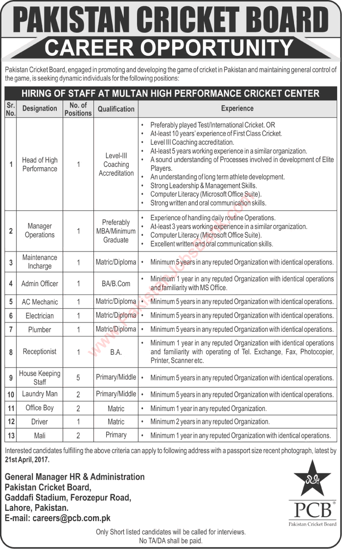 Pakistan Cricket Board Jobs 2017 April Multan PCB Housekeeping Staff, Office Boys, Laundryman & Others Latest