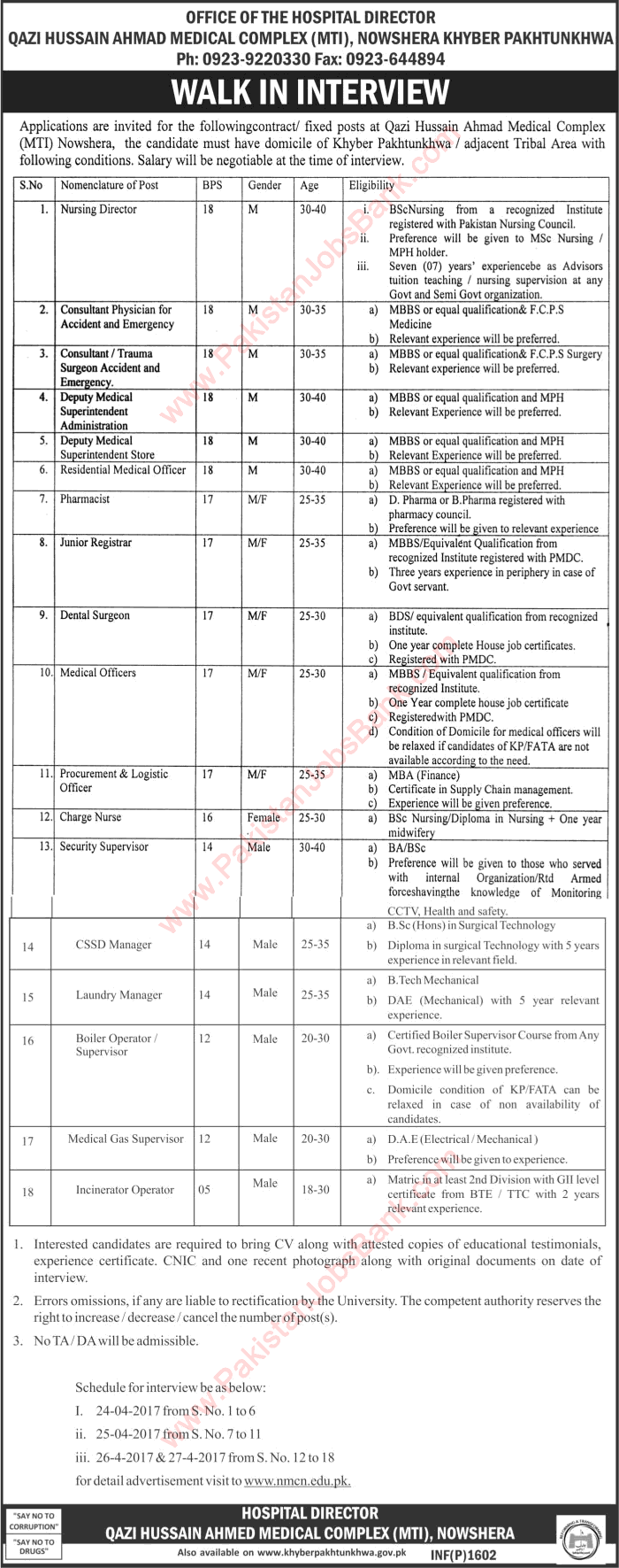 Qazi Hussain Ahmed Medical Complex Nowshera Jobs 2017 April MTI Walk in Interviews Latest