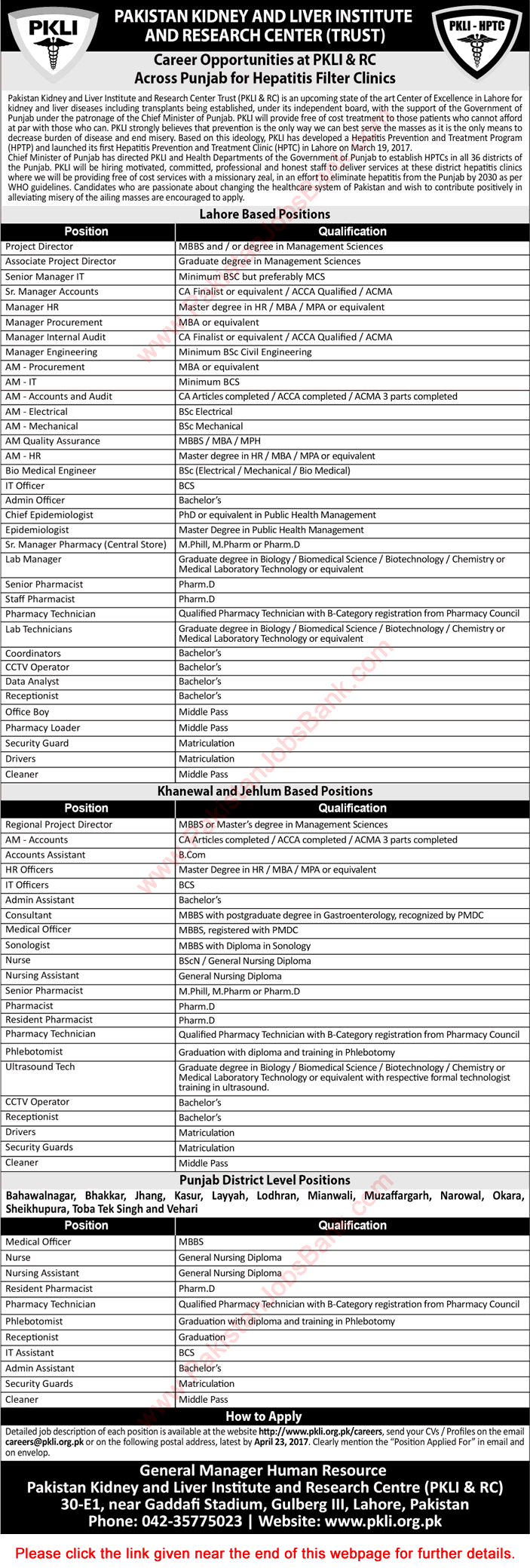 Pakistan Kidney and Liver Institute Jobs 2017 April PKLI Punjab Hepatitis Filter Clinics Latest