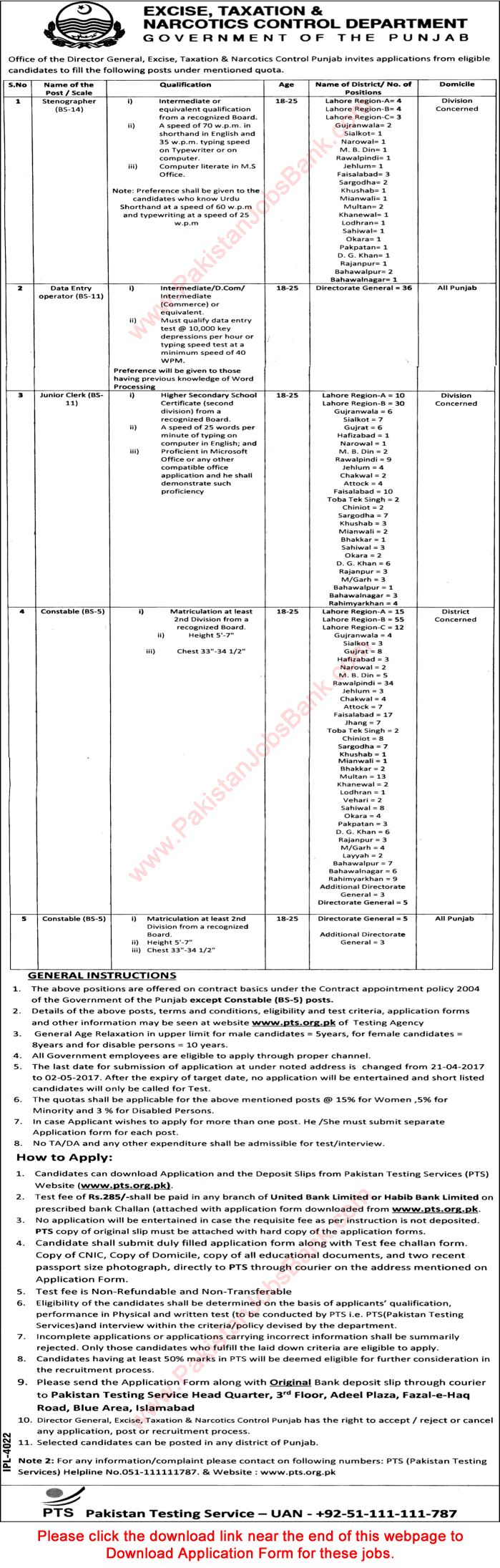 Excise and Taxation Department Punjab Jobs April 2017 PTS Application Form Download Latest / New