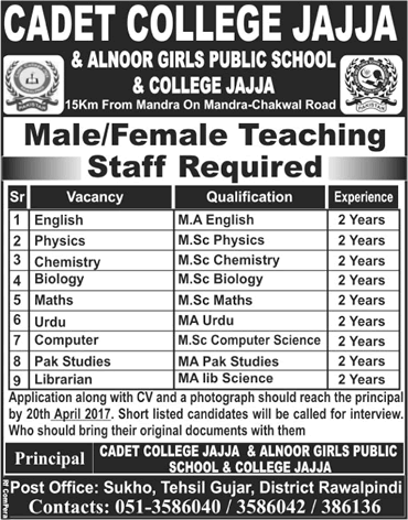 Cadet College Jajja Jobs 2017 April Gujar Khan Teaching Faculty & Librarian Latest