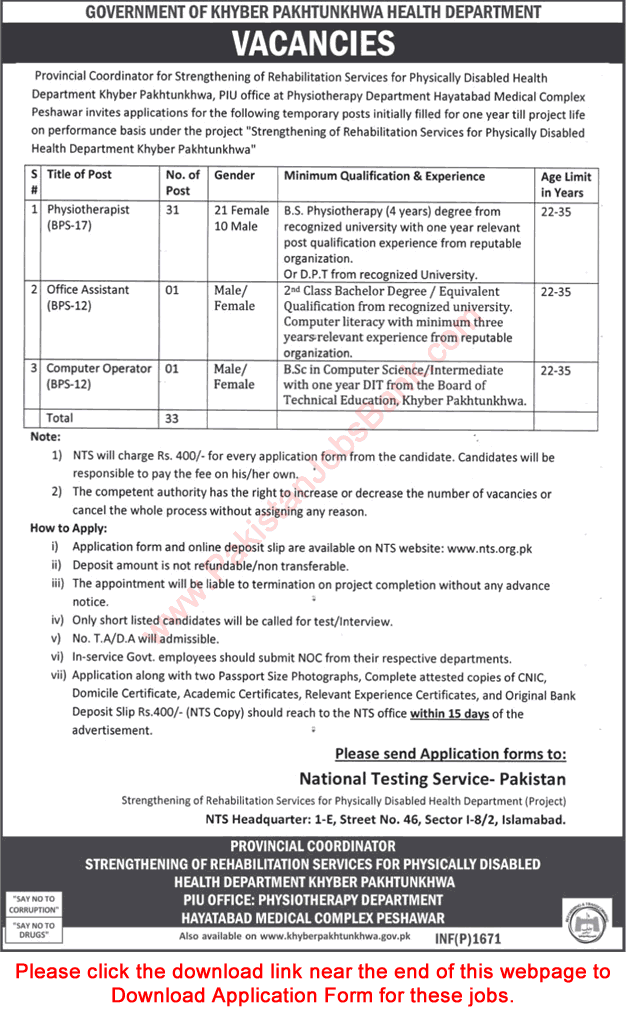 Health Department KPK Jobs April 2017 NTS Application Form Physiotherapists & Others Latest
