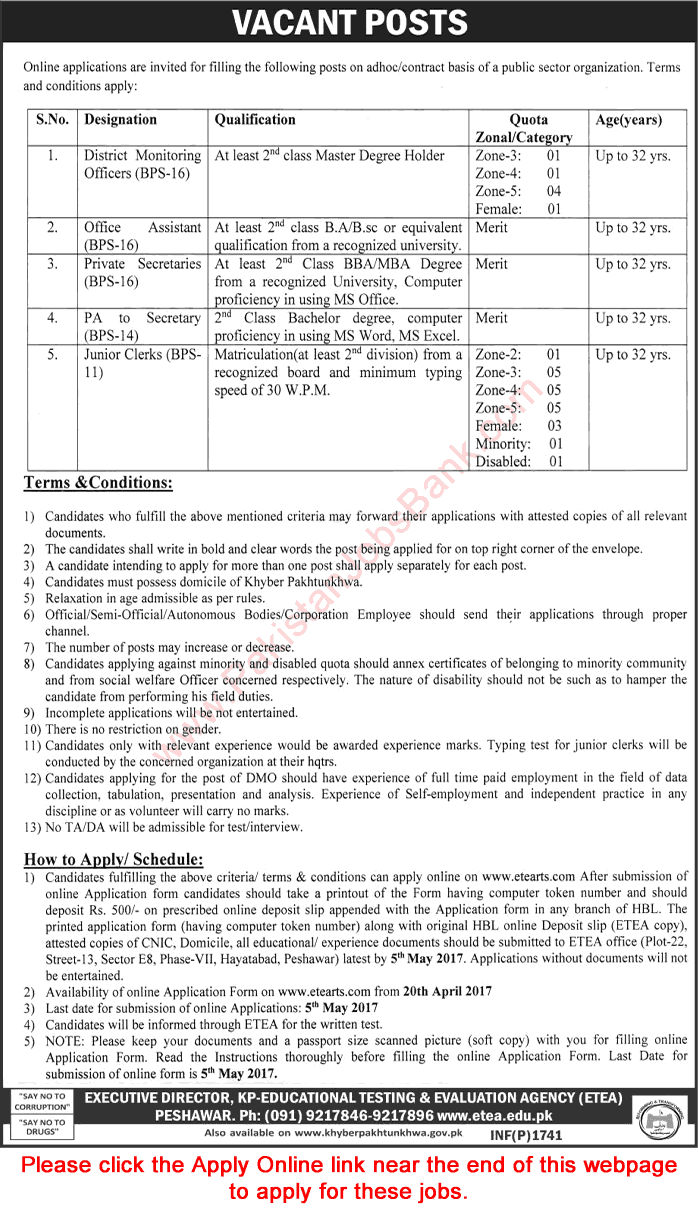 Public Sector Organization Jobs April 2017 KPK ETEA Apply Online Clerks, Monitoring Officers  & Others Latest