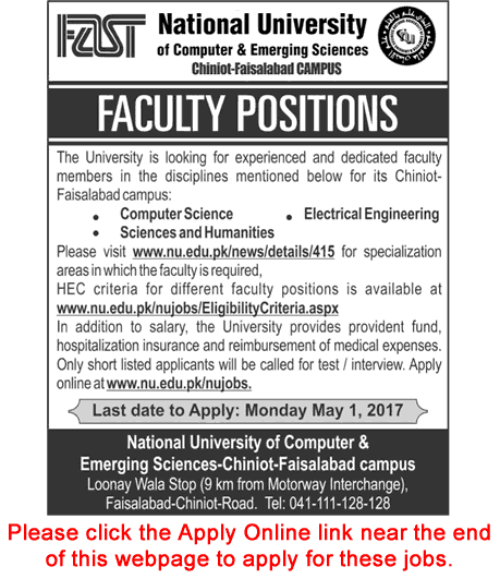 FAST National University Chiniot-Faisalabad Campus Jobs 2017 April Apply Online Teaching Faculty Latest