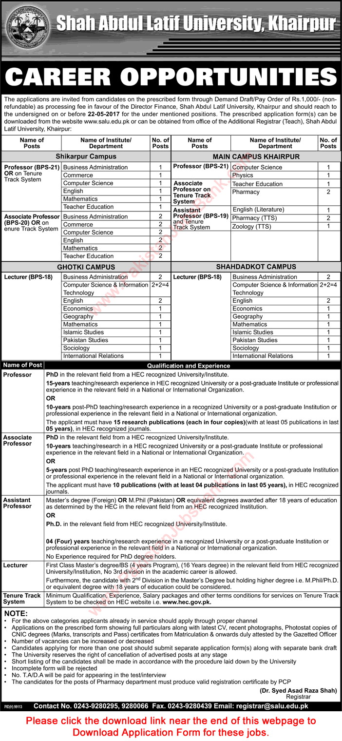 Shah Abdul Latif University Khairpur Jobs 2017 April / May Application Form Teaching Faculty Latest