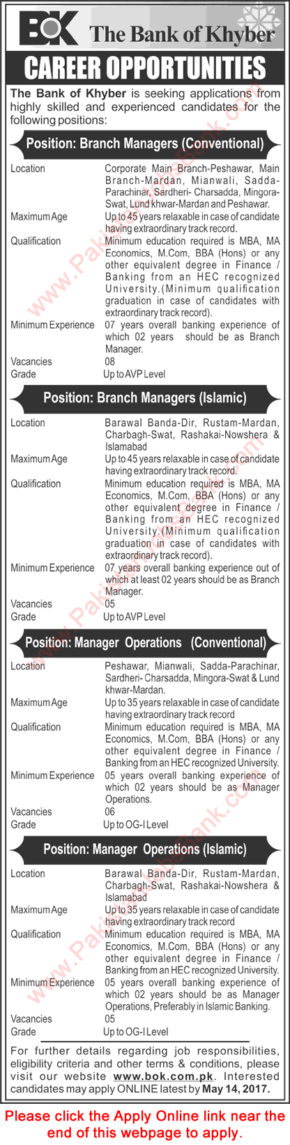 Bank of Khyber Jobs April 2017 May Apply Online Branch & Operations Managers BOK Latest