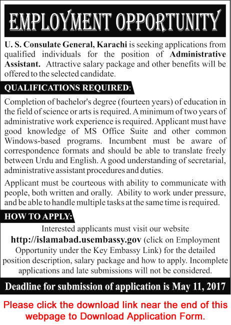 Admin Assistant Jobs in US Embassy Karachi 2017 April / May Application Form Download Latest