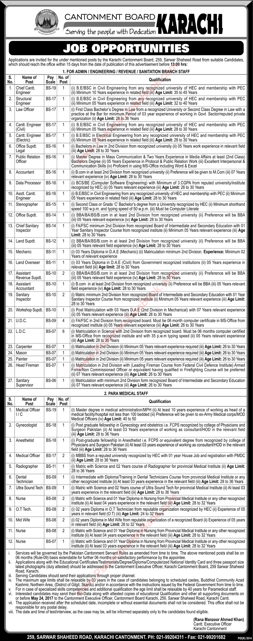 Cantonment Board Karachi Jobs 2017 May Clerks, Nurses, Medical Technicians & Others CB Latest