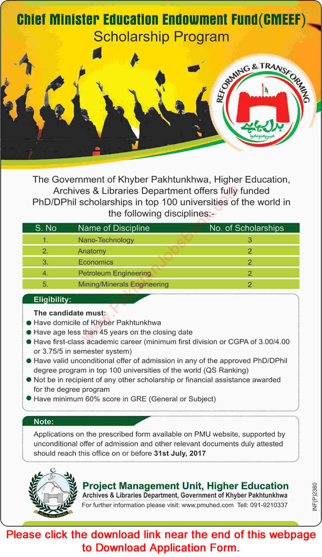 KPK CMEEF Scholarships Program 2017 May Application Form Chief Minister Education Endowment Fund Latest