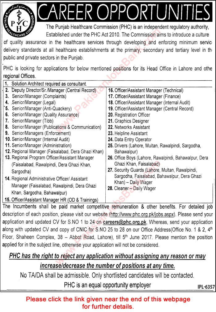 Punjab Healthcare Commission Jobs 2017 May PHC Officers, Managers, Drivers, Office Boys & Others Latest