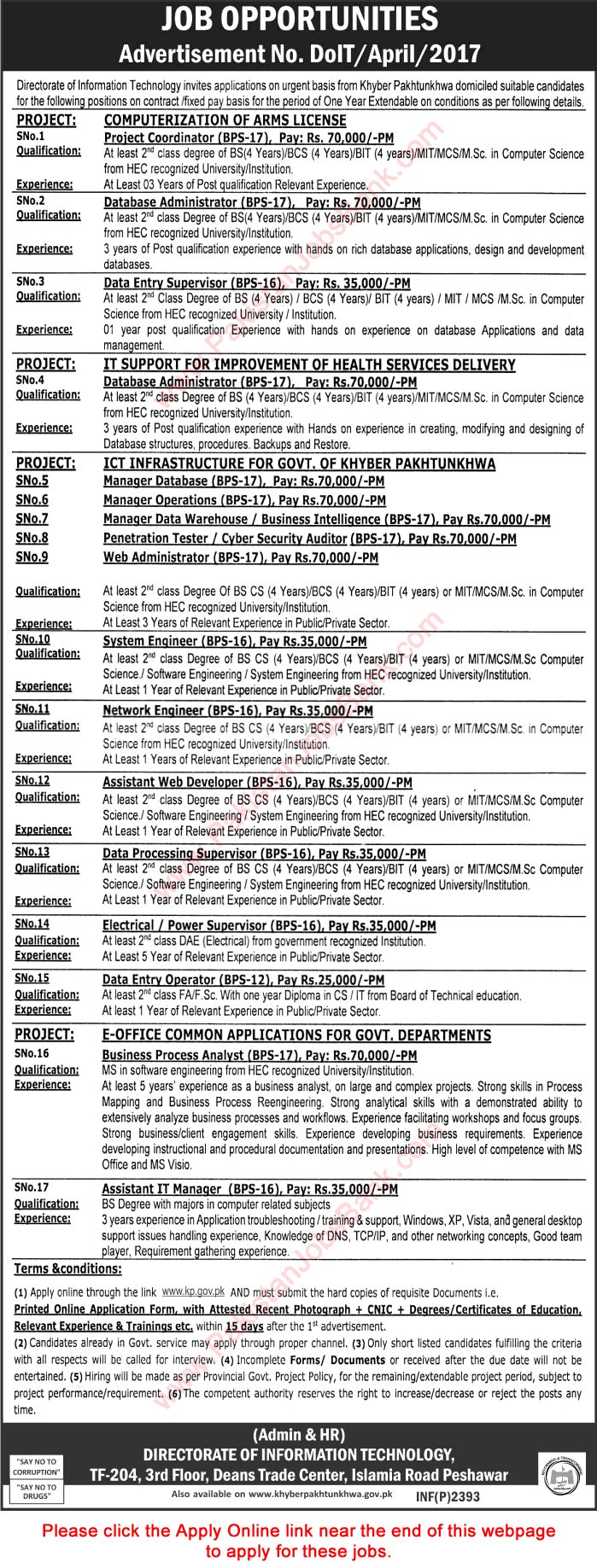 Directorate of Information Technology KPK Jobs 2017 May Apply Online Software Engineers, DEO & Others Latest