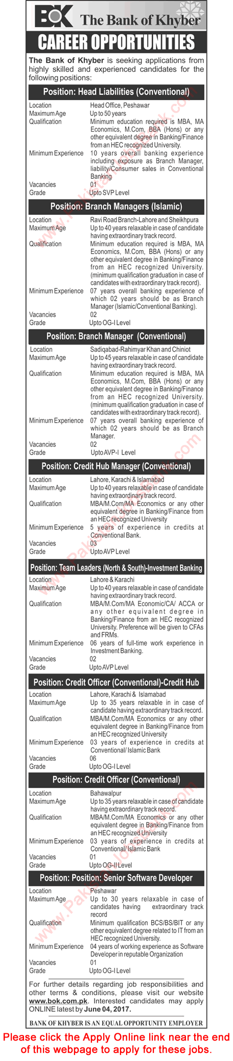 Bank of Khyber Jobs May 2017 Apply Online BOK Credit Officers, Team Leaders & Others Latest