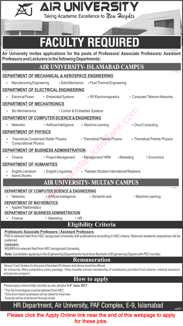 Air University Islamabad & Multan Campus Jobs 2017 May Apply Online Teaching Faculty Latest