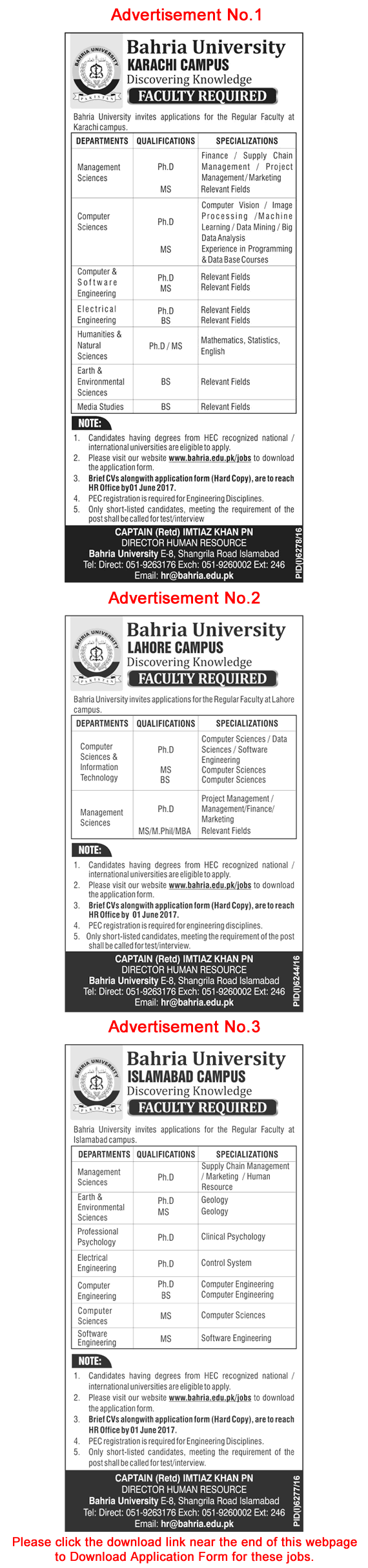 Bahria University Jobs 2017 May Teaching Faculty Application Form Download Latest