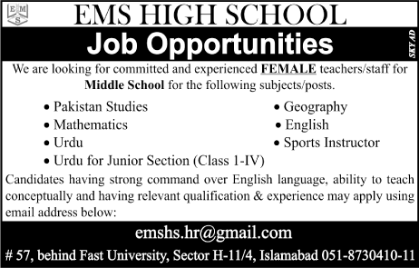 EMS High School Islamabad Jobs May 2017 June for Female Teachers Latest