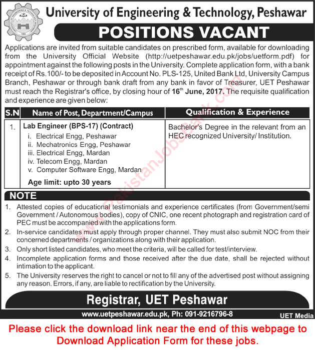 Lab Engineer Jobs in UET Peshawar June 2017 Application Form University of Engineering and Technology Latest