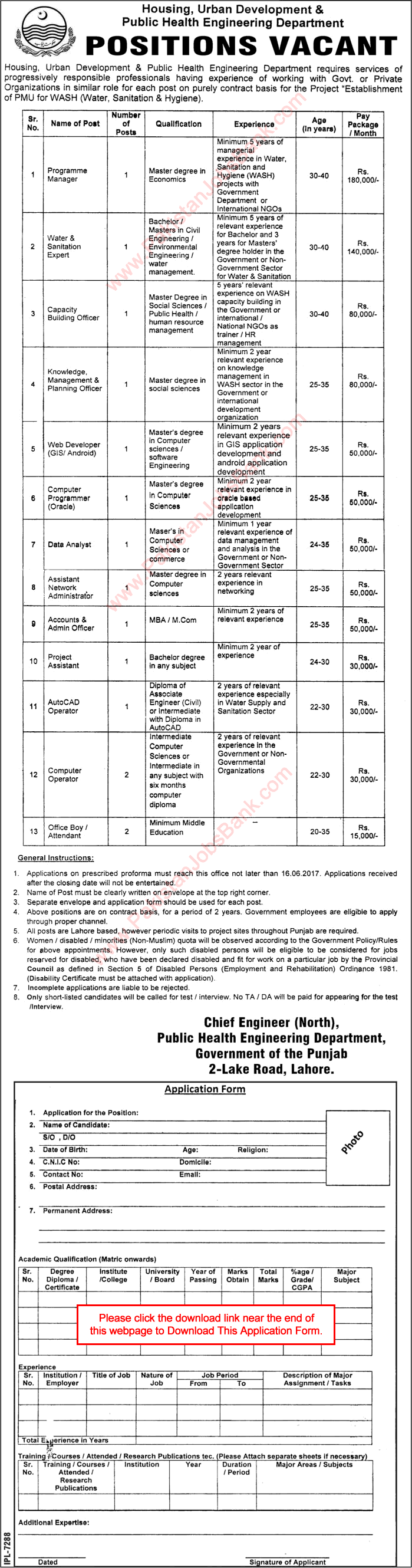 Public Health Engineering Department Punjab Jobs June 2017 Lahore Application Form Download PHED Latest