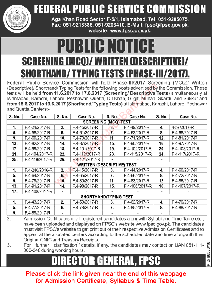 FPSC Written / Shorthand / Typing Test Schedule June 2017 Roll Number Slip Download Latest