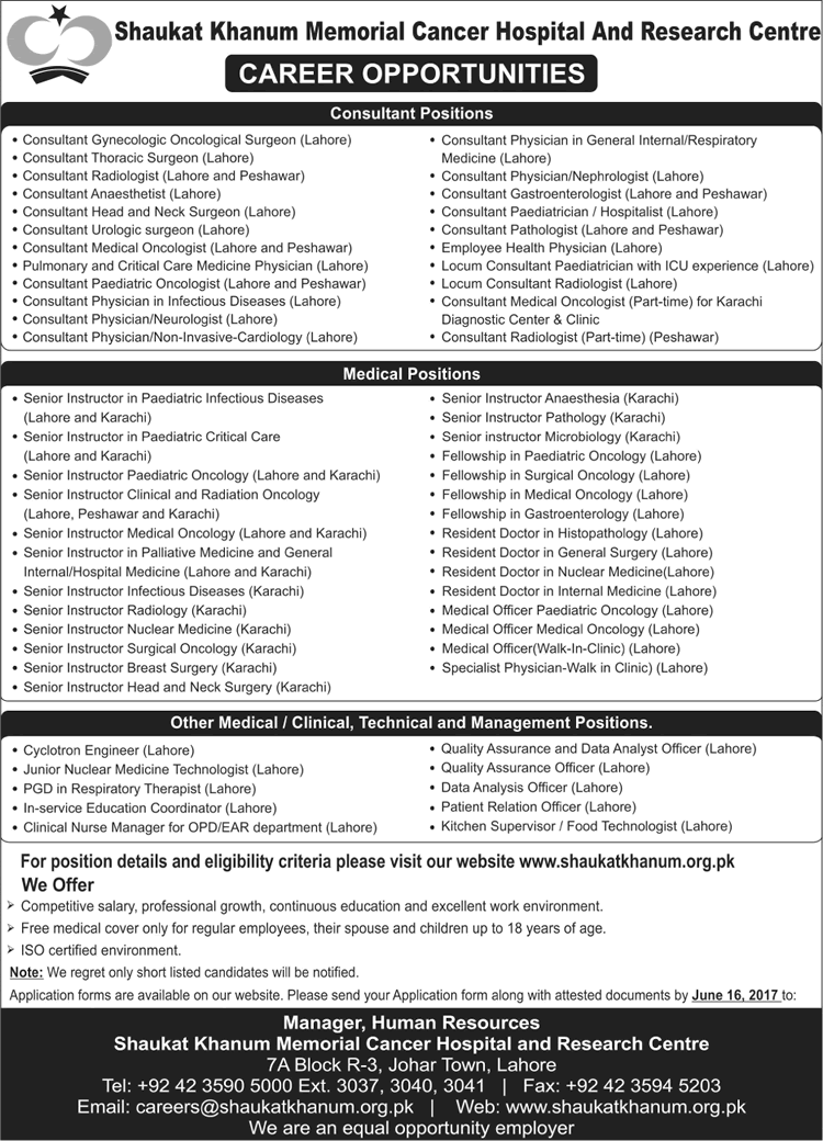 Shaukat Khanum Hospital Jobs June 2017 Medical Consultants, Instructors, Resident Doctors & Others Latest