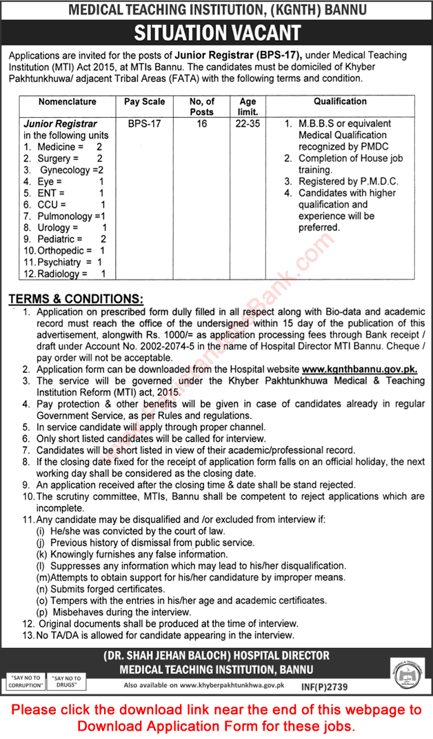 Junior Registrar Jobs in Medical Teaching Institution Bannu June 2017 Application Form Download Latest