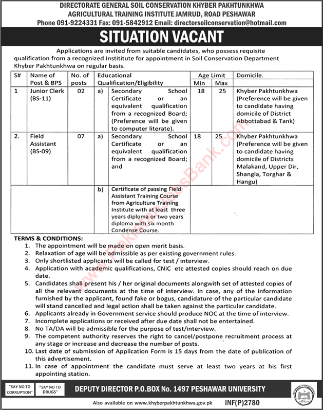 Soil Conservation Department KPK Jobs 2017 June Peshawar Field Assistants & Clerks Latest