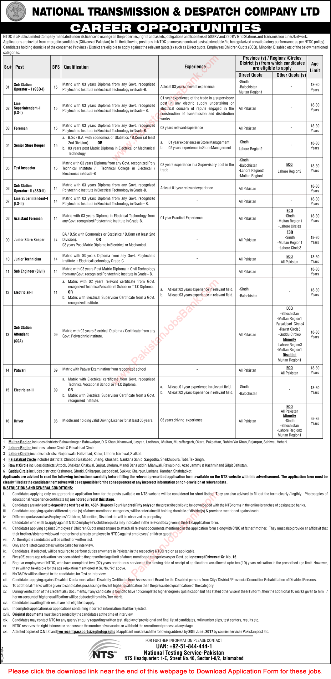 NTDC Jobs June 2017 WAPDA NTS Application Form National Transmission and Despatch Company Latest