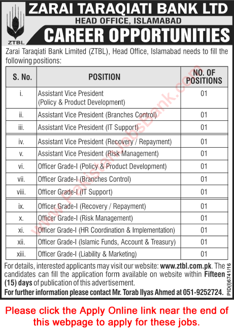 ZTBL Jobs June 2017 Apply Online Zarai Taraqiati Bank Limited Latest