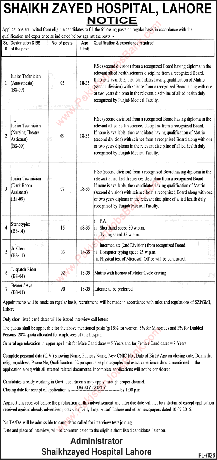 Sheikh Zayed Hospital Lahore Jobs June 2017 Stenotypists, Medical Technicians, Bearers / Aya & Others Latest