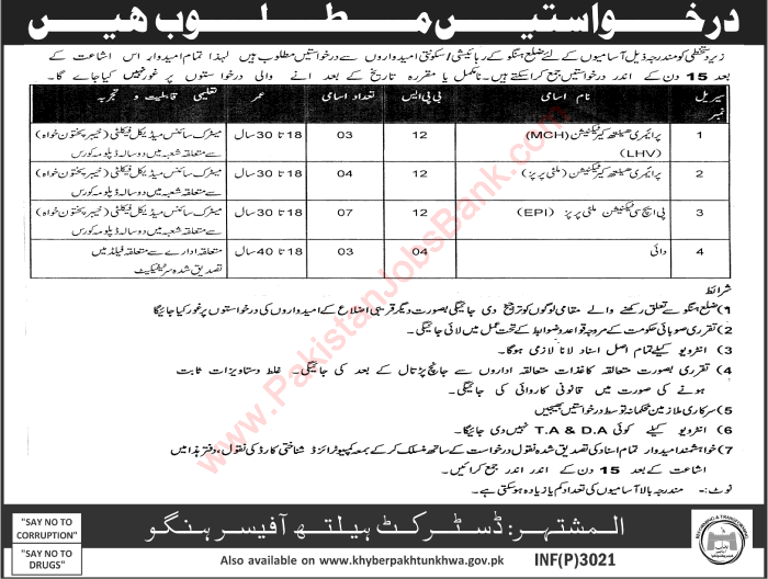 Health Department Hangu Jobs 2017 June PHC / Healthcare Technicians, LHV & Dai Latest