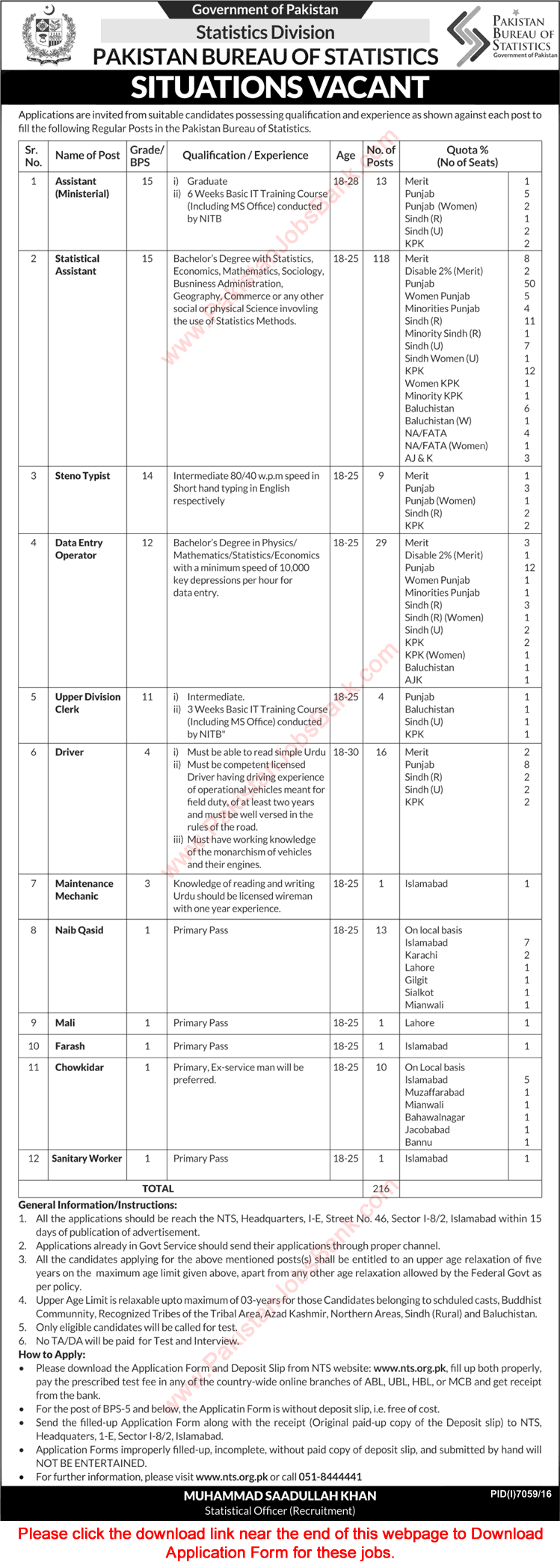 Pakistan Bureau of Statistics Jobs June 2017 NTS Application Form Statistical Assistants, DEO & Others Latest