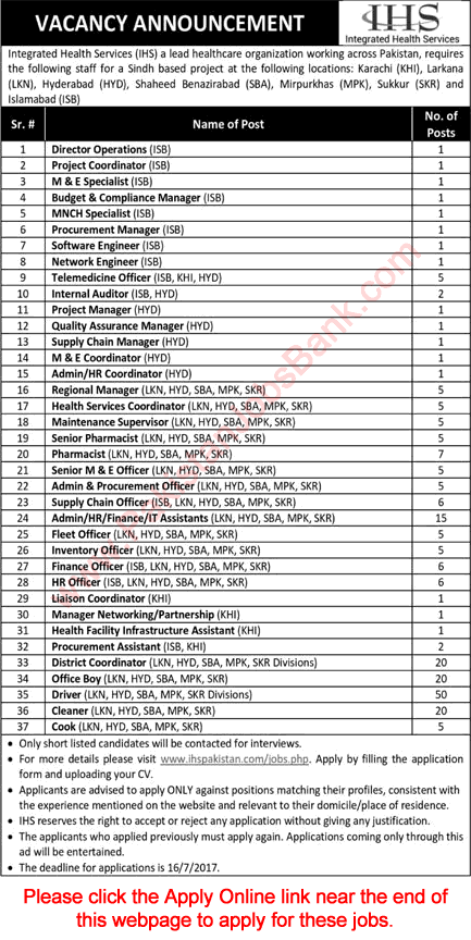 Integrated Health Services Pakistan Jobs July 2017 HIS Apply Online District Coordinators, Office Boys & Others Latest