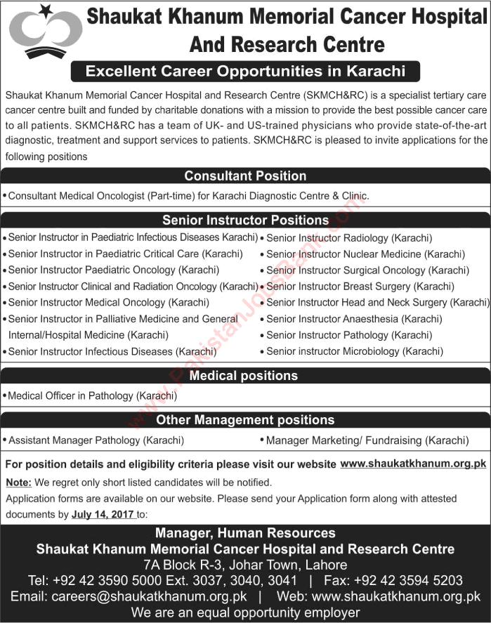 Shaukat Khanum Hospital Jobs July 2017 Karachi Instructors, Medical Officers & Others Latest