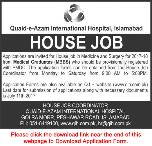 Quaid-e-Azam International Hospital Islamabad House Job Training 2017 July Application Form Latest