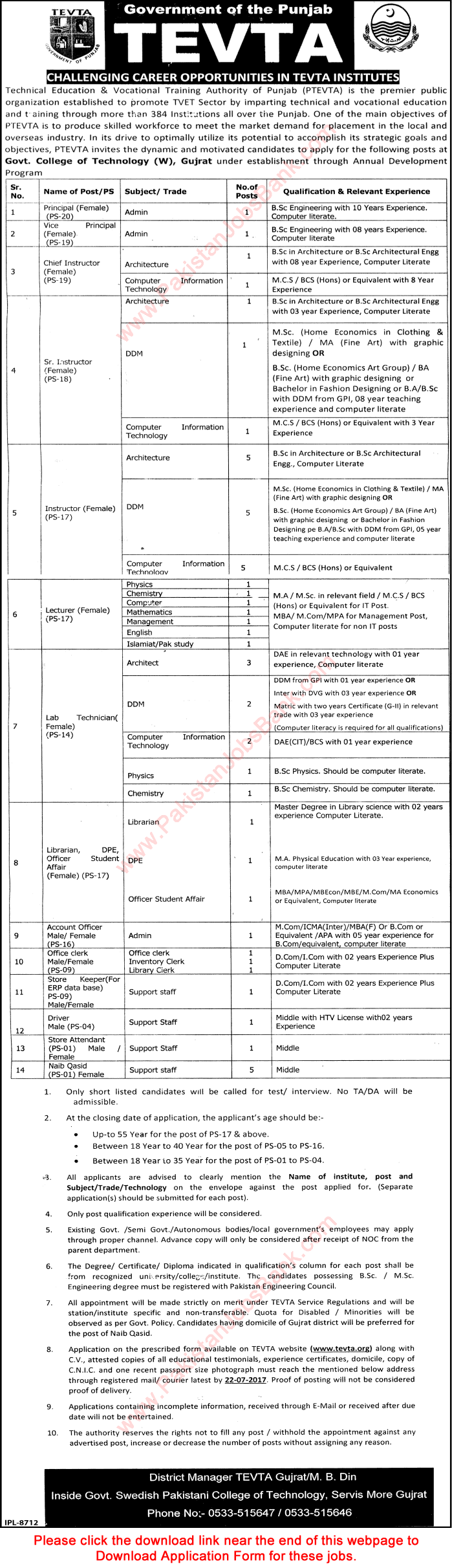 TEVTA Jobs July 2017 Gujrat Application Form at Government College of Technology for Women Latest