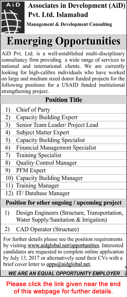 Associates in Development Pvt Ltd Jobs 2017 July Training Specialists, QC Manager & Others AID Latest