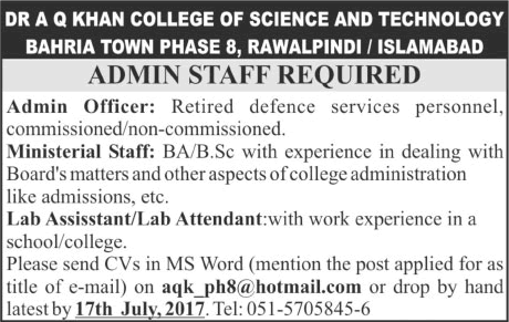 Dr AQ Khan College of Science and Technology Rawalpindi / Islamabad Jobs 2017 July Latest