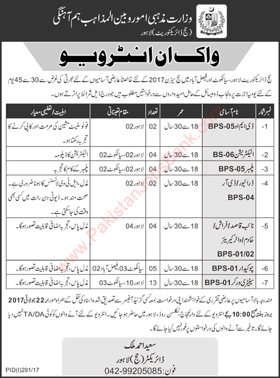 Directorate of Hajj Lahore / Sialkot / Faisalabad Jobs 2017 July Walk in Interviews MORA Latest