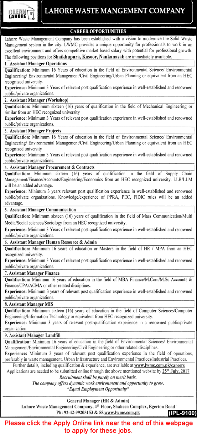 Lahore Waste Management Company Jobs July 2017 Application Form Assistant Managers Latest