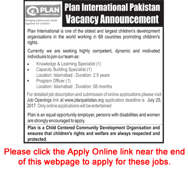 Plan International Pakistan Jobs July 2017 Apply Online Program Officer & Others Latest