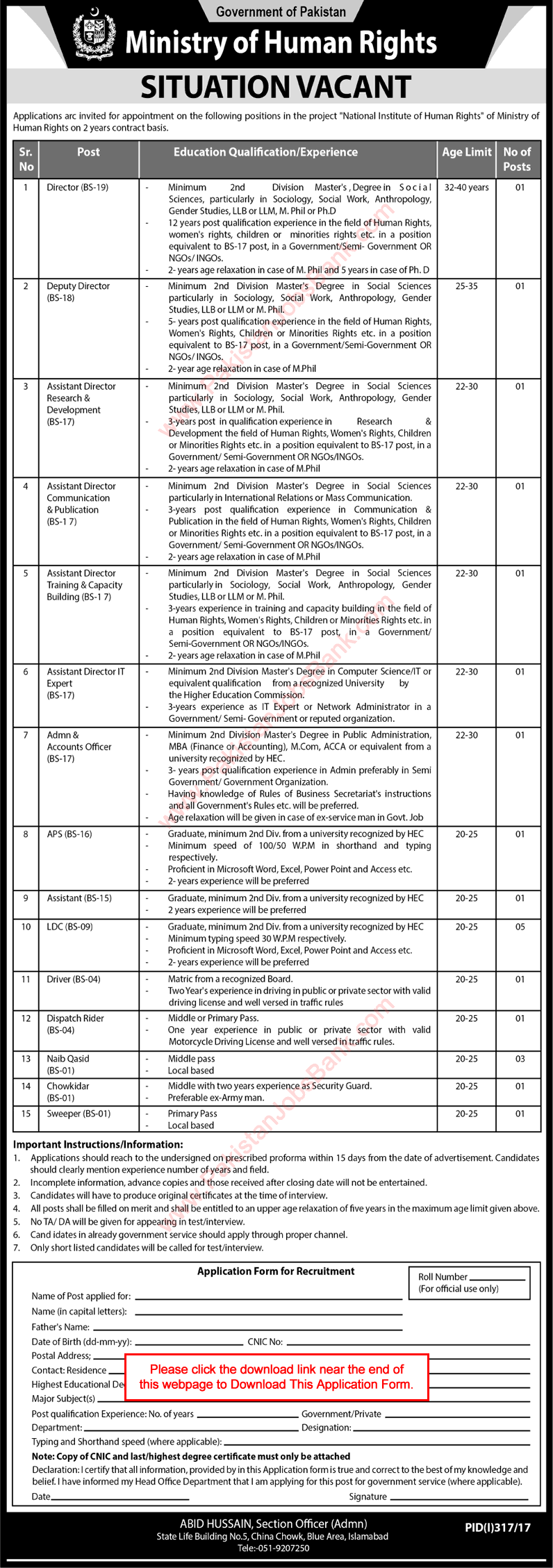 Ministry of Human Rights Jobs July 2017 Islamabad Application Form Clerks, Naib Qasid & Others Latest