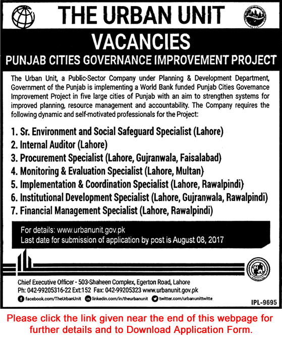 Urban Unit Jobs July 2017 Application Form Specialists & Internal Auditor Latest