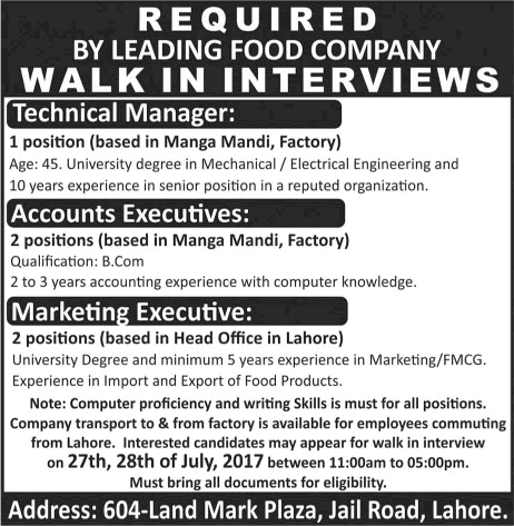 Accounts / Marketing Executive & Technical Manager Jobs in Lahore 2017 July Walk In Interviews Latest