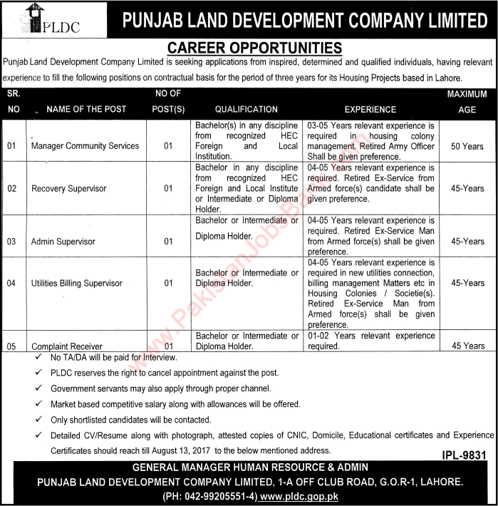 Punjab Land Development Company Jobs July 2017 August Lahore PLDC Latest