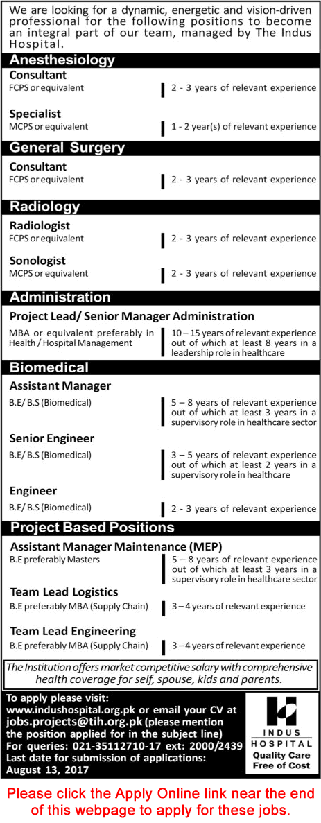Indus Hospital Karachi Jobs July 2017 August Apply Online Medical Consultants, Biomedical Engineers & Others Latest