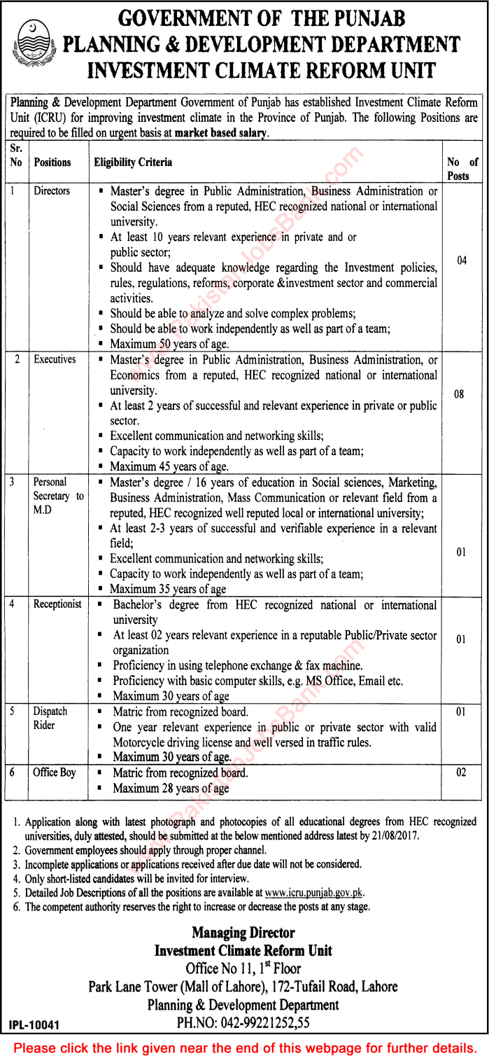 Planning and Development Department Punjab Jobs July 2017 August Executives, Office Boys & Others Latest