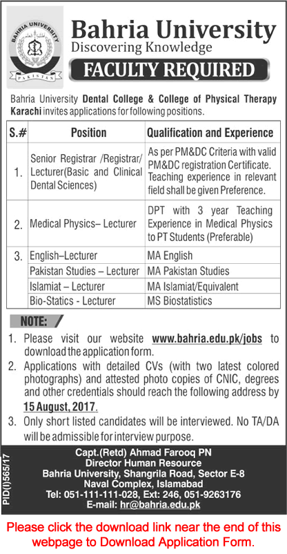 Bahria University Karachi Jobs July 2017 August Application Form Teaching Faculty Latest