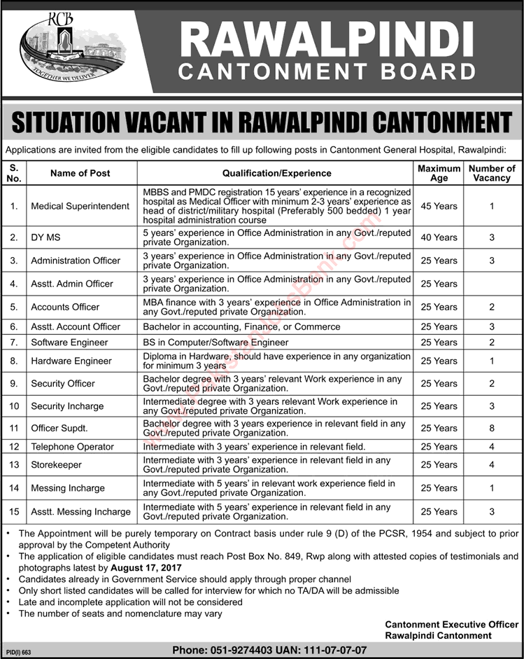 Cantonment General Hospital Rawalpindi Jobs August 2017 Office Superintendents, Store Keepers & Others Latest